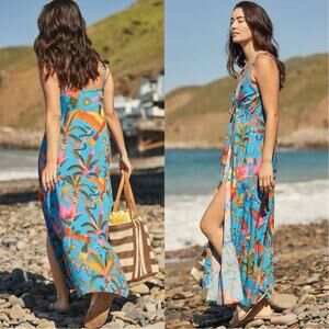Farm Rio blue macaw party coverup maxi dress Blue Orange Pink Large New